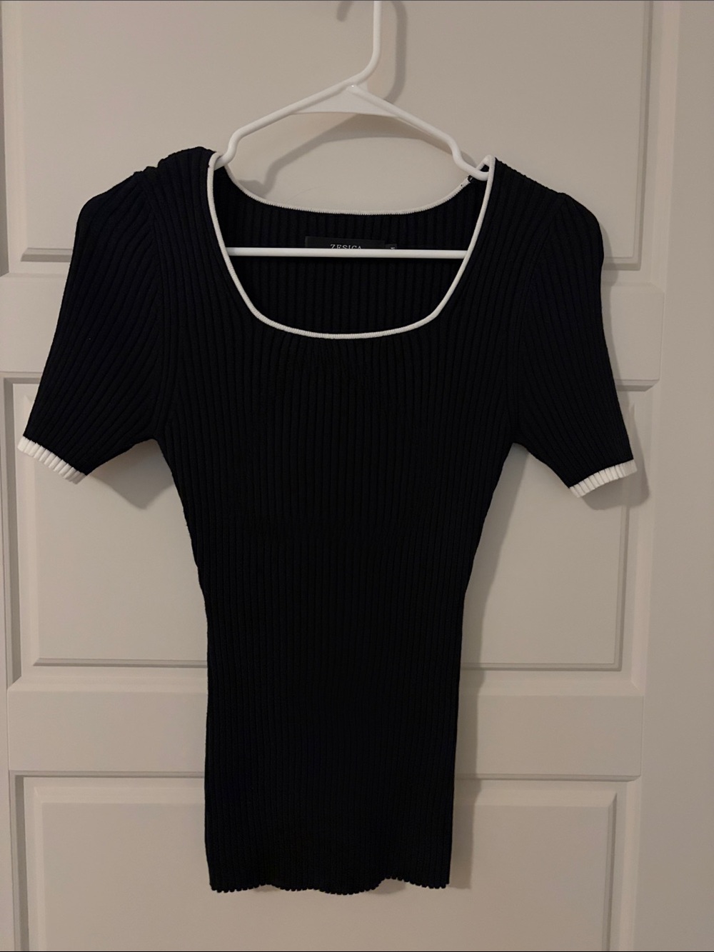 Black Ribbed Short Sleeve Top with White Trim by ZARA